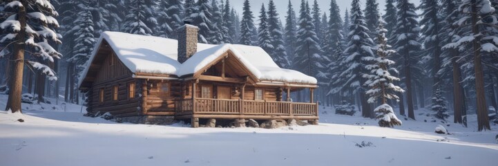 Snow falls on cabin nestled amongst snow-laden pines,  secluded,  peaceful,  Christmas