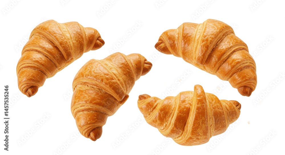 Poster a close up image displaying four croissants arranged together on a checkered gray background pattern