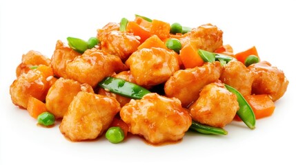 Sweet and sour chicken with peas and carrots overhead closeup food photography