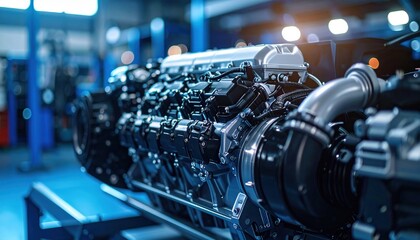 Obraz premium Powerful industrial diesel engine in modern factory setting with advanced technology
