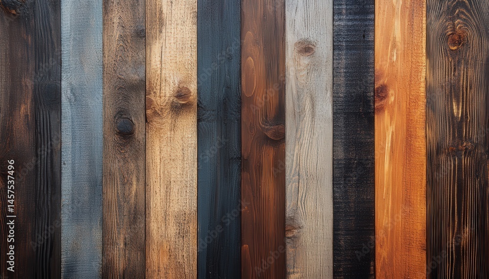 Poster Wooden boards of various colors and tones arranged side by side showcasing natural textures and patterns in an indoor setting