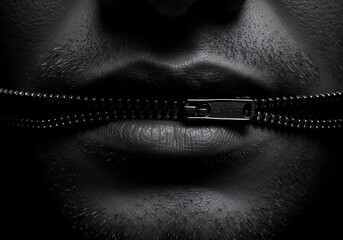 Dramatic black and white image of a mouth zipped shut, a powerful visual metaphor.