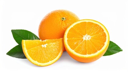 Fototapeta premium Fresh oranges, sliced in half to reveal juicy segments, rest beside vibrant green leaves against a clean white background.