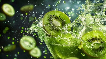 Kiwi slices in a vibrant green juice splash, intense details, dark background generative ai