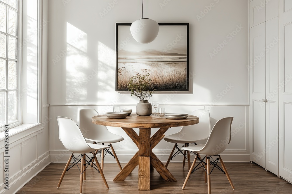 Poster Elegant modern dining space showcasing minimalist design with natural elements, soft light filtering through trees during afternoon