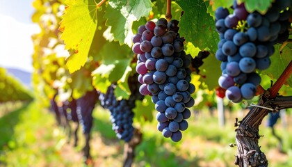Fototapeta premium Ripe dark grapes hang heavily on a vine, bathed in warm sunlight amidst a lush vineyard, promising a bountiful harvest.
