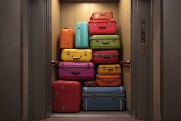 A packed elevator displays a stack of brightly colored suitcases ready for a journey.
