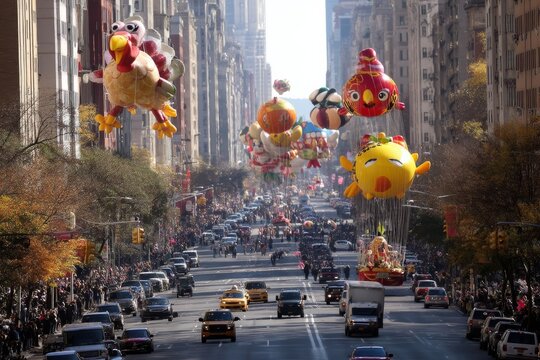 Colorful character balloons float down a busy city street during a grand holiday parade.