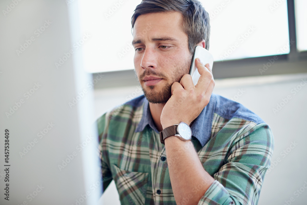 Poster phone call, computer and businessman in office with communication for project feedback or deal. netw