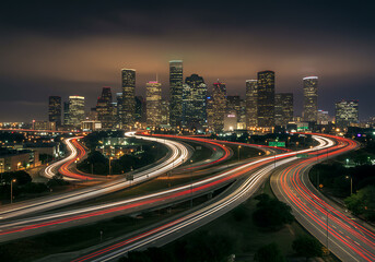 Fototapeta premium Houston's impressive skyline shimmers at night, with streaks of light from car trails below.