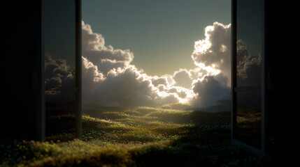 Open doors leading to a bright future, redact by sunlit clouds in a passive landscape.