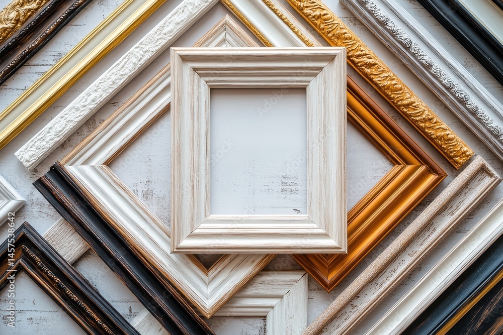 Aufkleber collection of vintage picture frames arranged together on a wooden background in a creative display 
