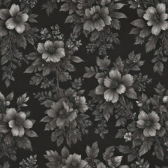 Elegant charcoal floral wallpaper  Small scale blossoms & foliage repeat seamlessly , pattern, wallcovering, surface