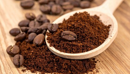 A wooden spoon holds fragrant, freshly ground coffee, spilling onto a textured surface alongside roasted beans, conveying warmth and a rich aroma.