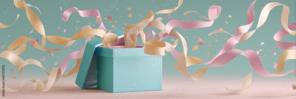 Aufkleber colorful gift box opens wide with ribbons and confetti floating in the air creating a festive atmosp