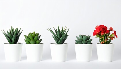 Fototapeta premium Succulent plants in white pots sit in a row against a neutral background, showcasing vibrant greenery and a single red blossom for a touch of color.