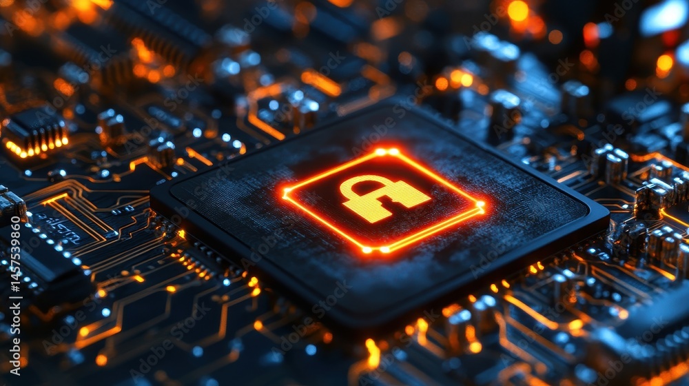 Poster close-up view of a computer circuit board featuring a glowing security lock symbol, illustrating cyb