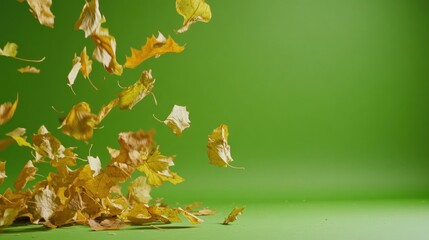 Falling autumn leaves golden yellow foliage on green background