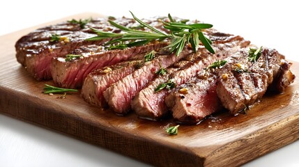 Sliced Grilled Steak with Rosemary on Wooden Board