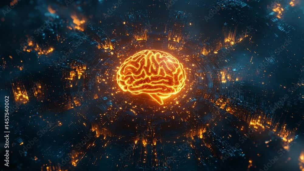 Poster luminous brain in a digital cityscape: a stunning visualization of artificial intelligence and neura