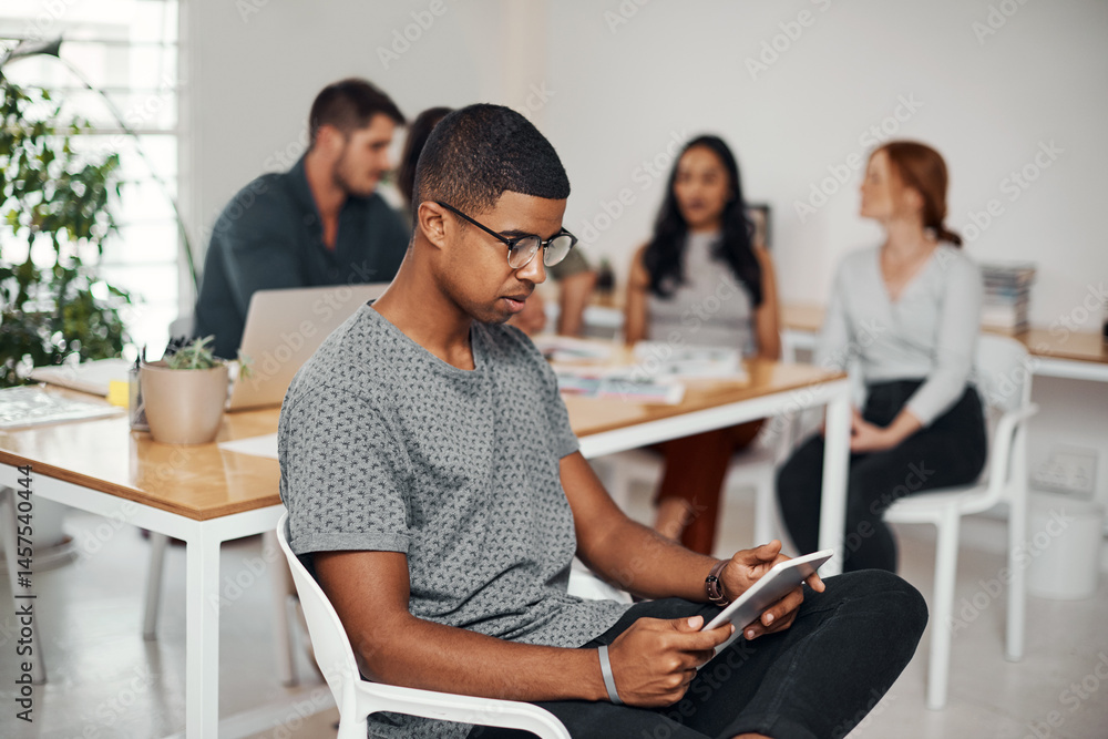 Poster Tablet, business and black man research online for information or networking in startup meeting. Digital technology, planning or scroll on website for project, report or creative editor reading email