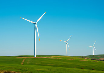 Three wind turbines generate clean power on a green hillside under a bright blue sky.