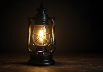 A beautifully illuminated vintage oil lantern casting a warm glow on a dark, wooden surface.