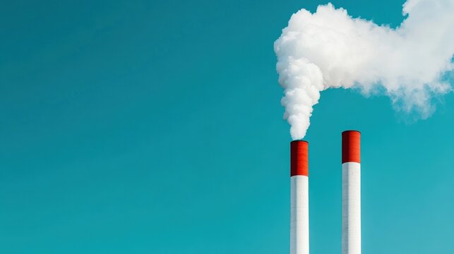 Industrial smokestacks white smoke teal sky environmental theme