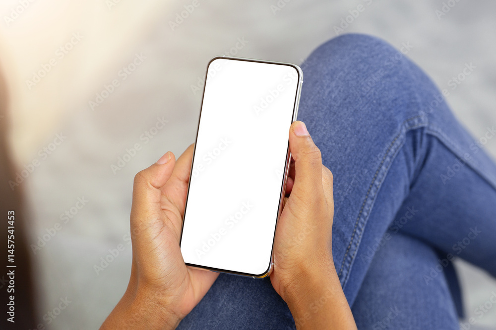 Poster closeup view of millennial black lady using smartphone with empty screen to work or study online fro