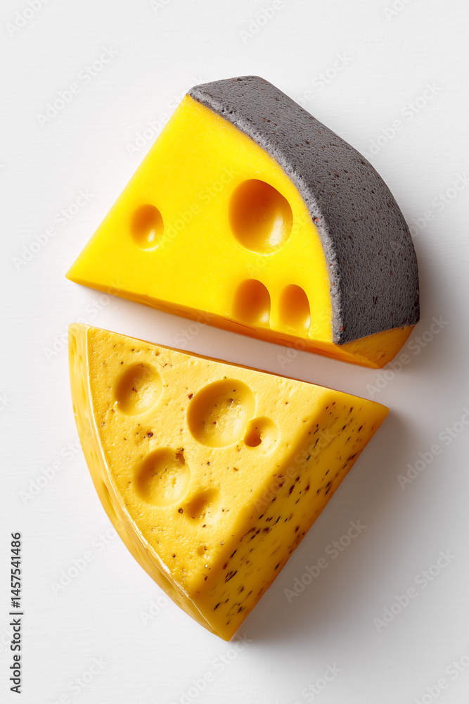Poster delicious cheese variety displayed in minimalist style with cube and slice arrangement. clean white 