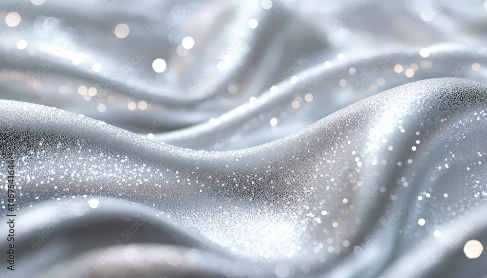 Poster Shimmering silver fabric drapes create a reflective surface in a studio setting during the day