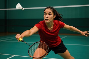 Focused badminton player in action.