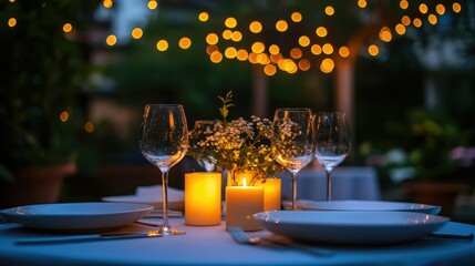 Romantic outdoor dinner setting under warm lights