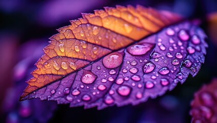 Dew-covered autumn leaf, close-up, vibrant colors, blurred background, nature photography