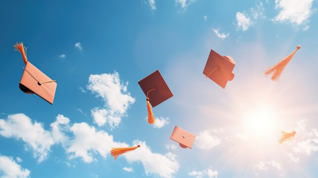 Graduation caps soaring in sunny sky