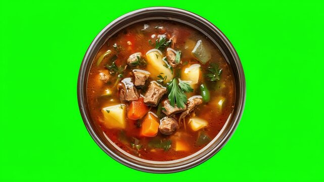 Delicious beef stew with vibrant vegetables served in a round bowl on a green screen background