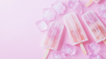 Colorful Popsicles and Ice Cubes on Pink Background