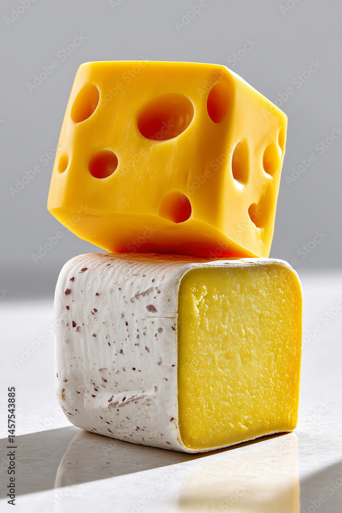Poster minimalist display of cheese varieties focused on cube and slice combo. bright lighting enhances tex
