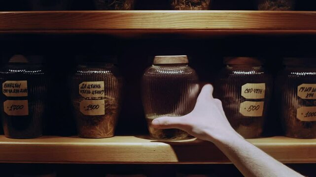 Close-up of a tea shop worker's hands carefully placing a glass jar filled with green tea leaves onto a shelf with other jars.