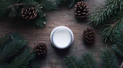 Winter hand cream surrounded by pine cones