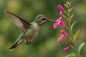 Fototapeta premium Hummingbird sipping pink flower.