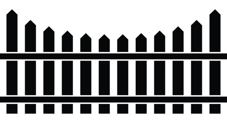 Stylized black wooden fence vector illustration with vertical posts, triangular peaks, and horizontal beams on white. Minimalist frontal view, clean graphic design. Symbolizes simplicity, solid
