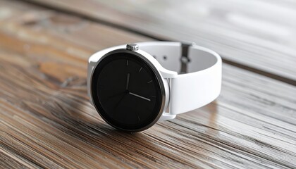 A modern smartwatch with a white band rests on a textured wooden surface, showcasing a minimalist design and contemporary aesthetic.