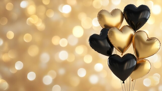 Black and gold heart balloons on a golden background