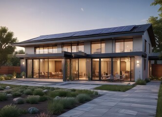 Fototapeta premium Sleek modern home, solar panels, inviting patio, autumn, stone