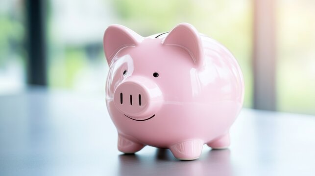 Pink piggy bank on table saving money
