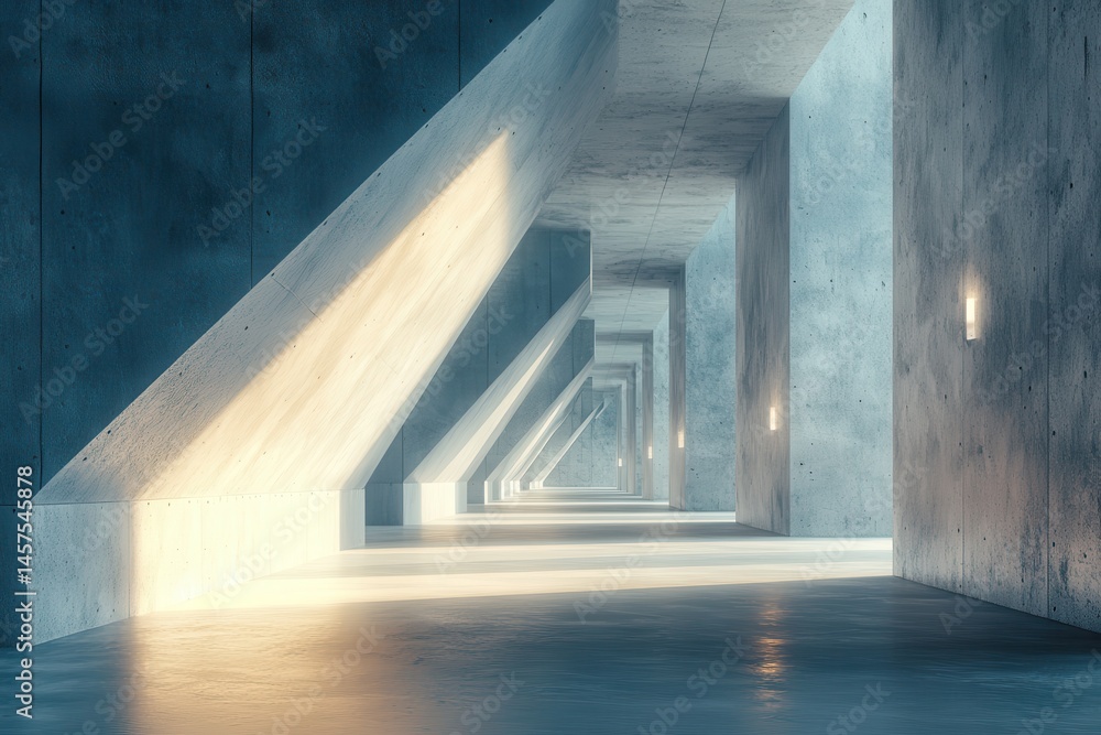 Poster modern architectural corridor with concrete walls and soft light illuminating the spacious interior