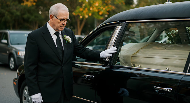 Older Man in Dark Suit Stands Beside Black Hearse During Daytime Memorial Event