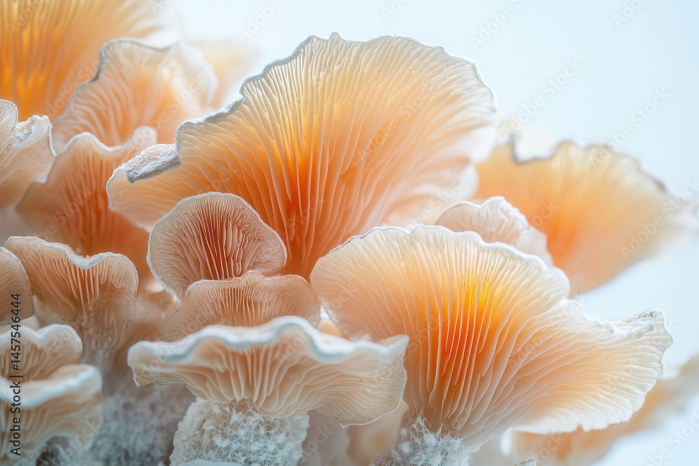Poster beautiful cluster of orange-tinted mushrooms growing in a natural setting, showcasing intricate gill
