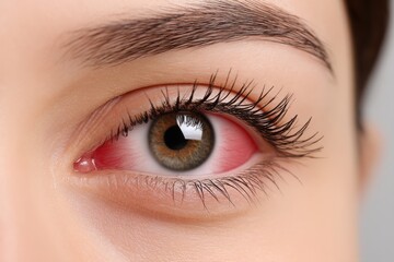 Obraz premium Close-up of a red, irritated eye, showing visible blood vessels.